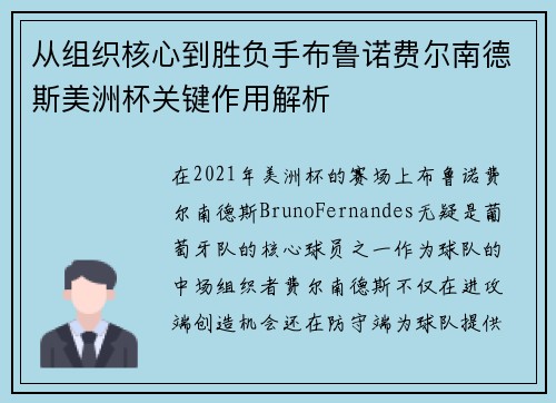 从组织核心到胜负手布鲁诺费尔南德斯美洲杯关键作用解析